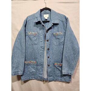 Vtg Christopher & Banks Multi Pocket Floral Embroidered Denim Chore Jacket Small